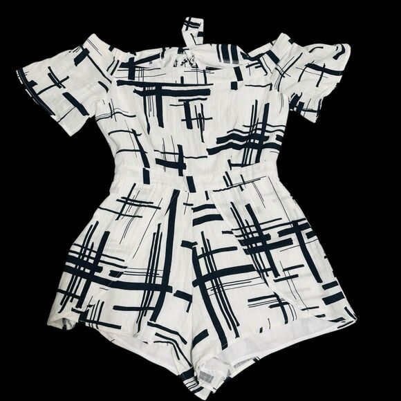 Akira Chicago Romper Sz Large Navy White Cutout Back Layered Short Sleeve - Picture 9 of 12